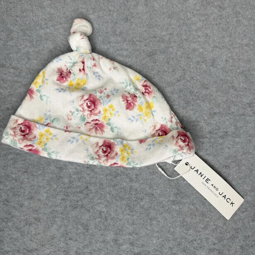 New Janie And Jack White Pink‎ Floral Top Knot Baby Hat 18-24 Months